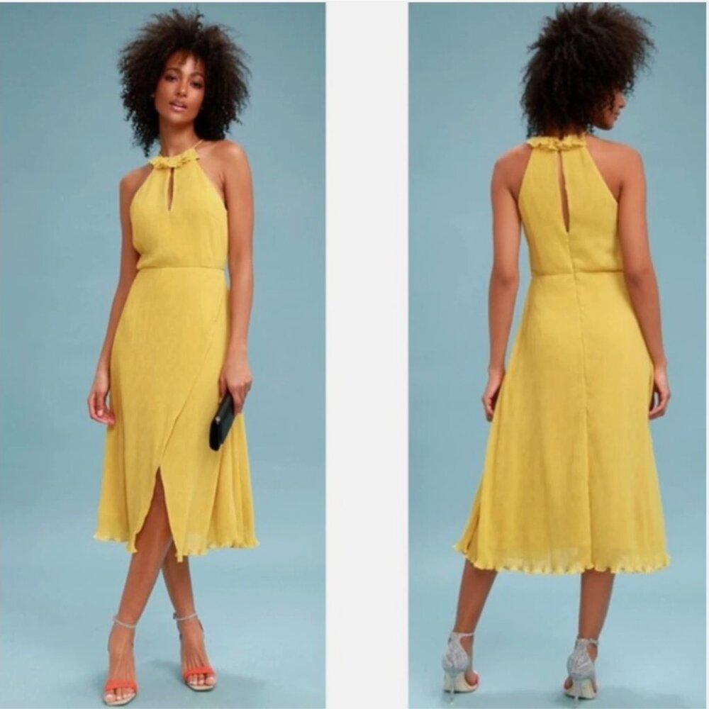 Keepsake The Label Skylines Golden Yellow Pleated Midi Dress Wrap Halter Large
